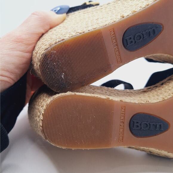 Born Monticello Knotted Wedge Espadrille Sandals Suede Leather 9 Open Toe Black - Picture 8 of 13